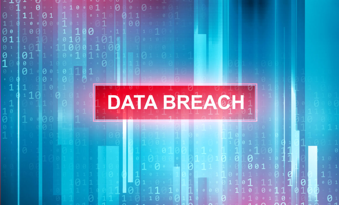 The words data breach in a red rectangle with an abstract blue, red, and purple gradient background.